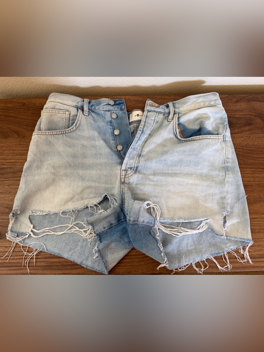 7 For All Mankind Light Blue Button-Fly Denim Shorts